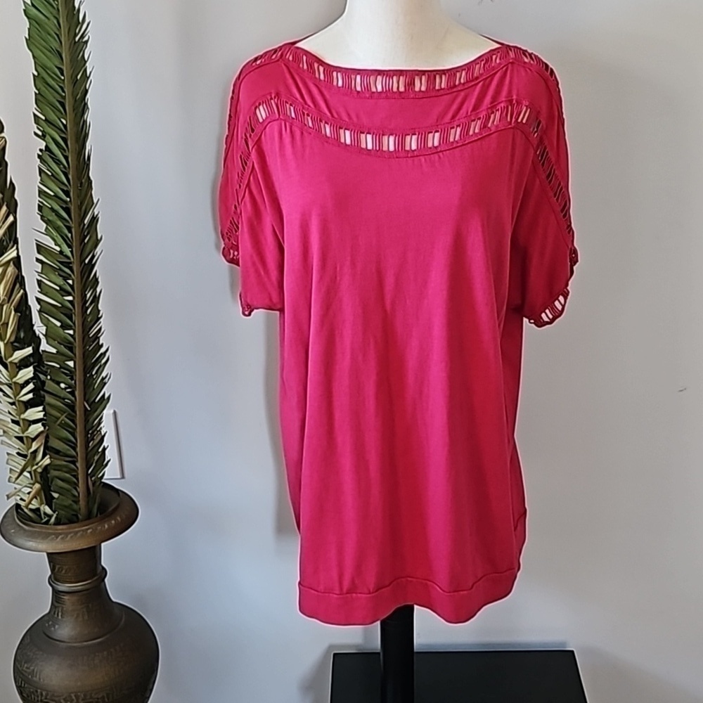 Roaman's High Neck Cutout Shoulder Short Sleeve Banded Tee